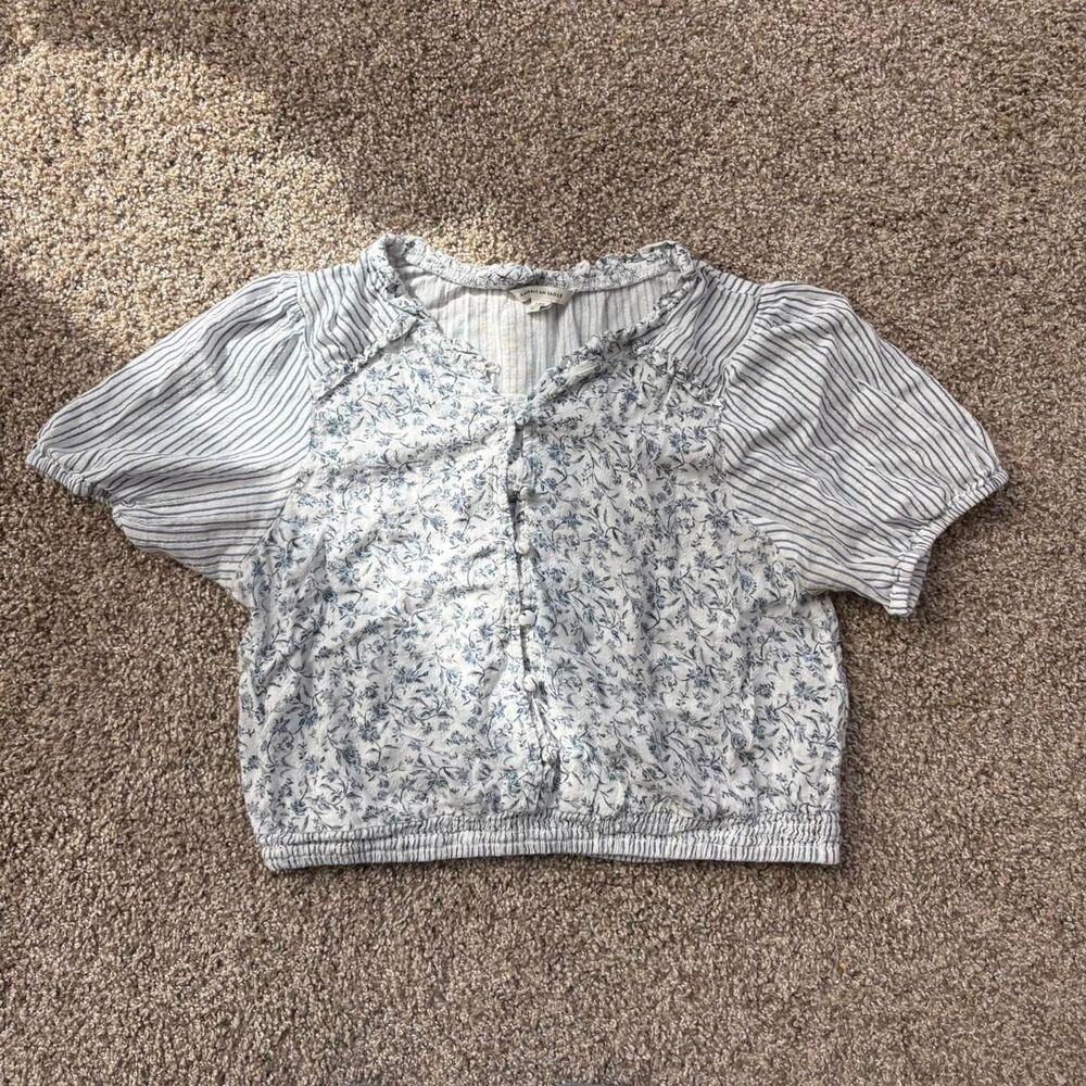 American-eagle Women's White and Blue Blouse